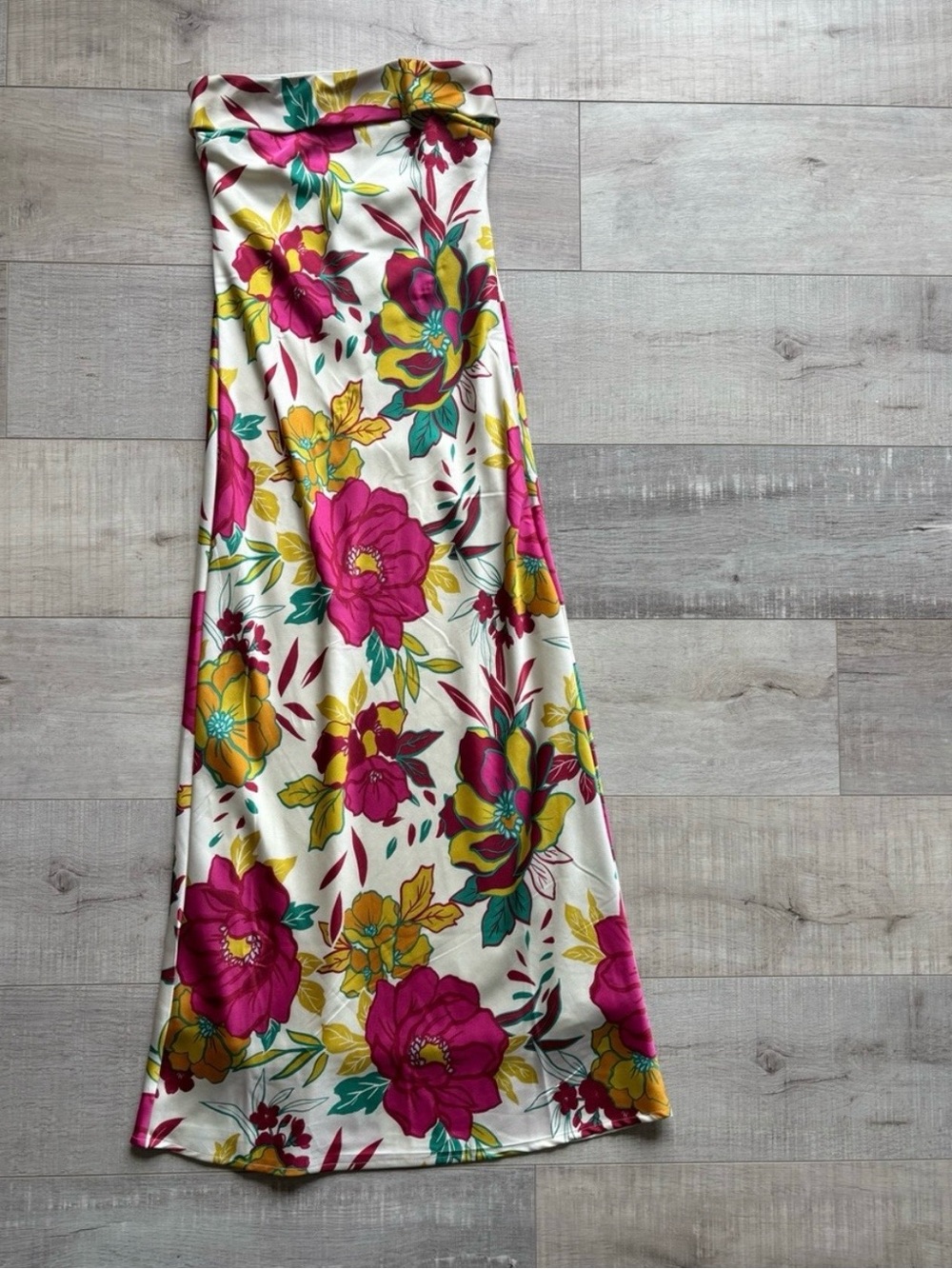 White Strapless Floral Maxi Dress with Pink & Yellow Blooms
